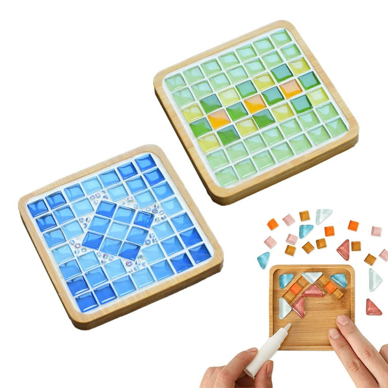 2 Sets Glass Mosaic Tiles, Mosaic Kit with Wooden Coaster, Mixed Colors  Mosaic Glass Pieces DIY Crafts Material Package Supplies for Coaster  Handmade Home Decor Gifts 