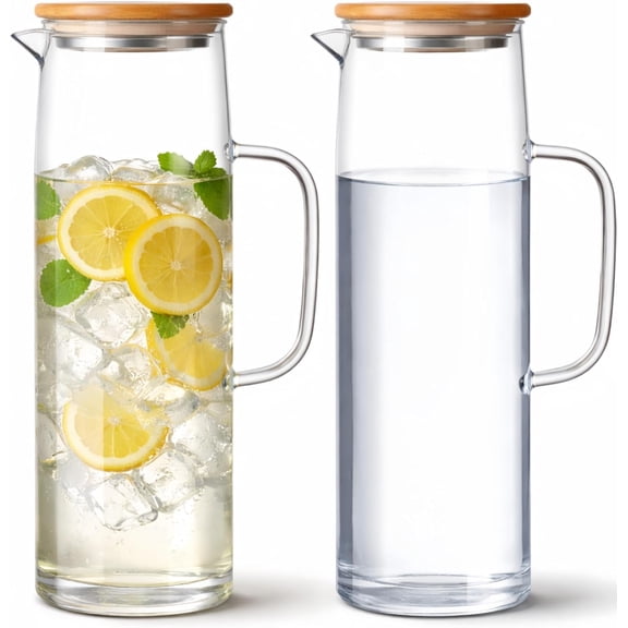 2 Sets Glass Pitcher with Lid, 50 oz / 1500 ml Water Carafe with Handles Hot Cold Beverage Water Jar Glass Jug for Tea Juice Milk Coffee Iced Beverage Bamboo Lid,1.5l
