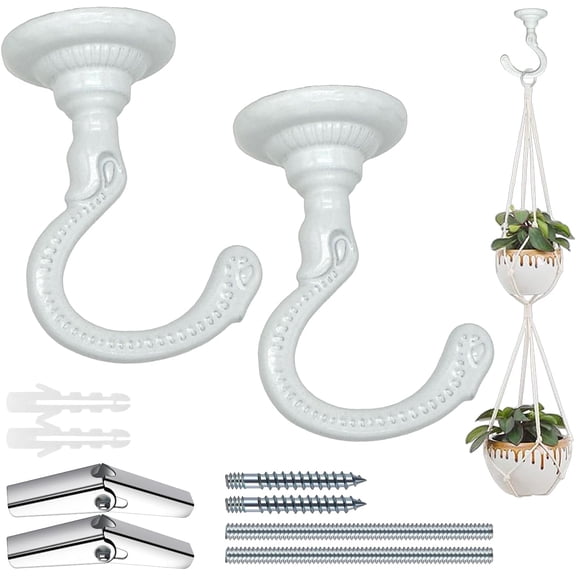 2 Sets Heavy-Duty Ceiling Hooks with Complete Kit  Fit Wood, Cement & Drywall Ceilings for Hanging Plants (White)