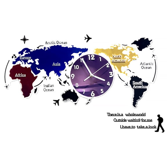 2 Sets Home Decor World Map Wall Clock Hallway Decorative Office