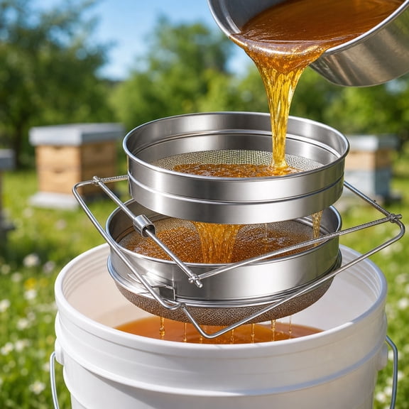 2 Sets Honey Strainer for Beekeepers, Stainless Steel Double Mesh Honey Filter with Adjustable Arms for 5 Gallon Buckets, Heavy Duty Honey Extraction Equipment for Honey Harvest and Farm Processing