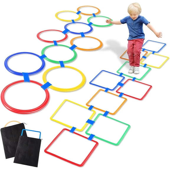 2 Sets of Hopscotch Outdoor Squares 20 Pcs Hopscotch Ring Game with 30 Pcs Connectors Outdoor Indoor Obstacle Course for Kids Playground Agility Training(Hoop, Square,11 Inch, 15 Inch)