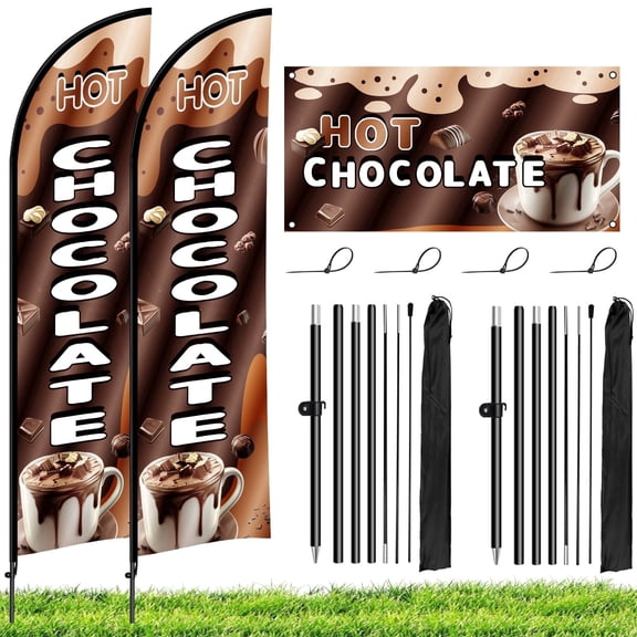 2 Sets Hot Chocolate Feather Flag with Pole Kit, 8.2FT Windless Feather Flag Outdoor Advertising Banner for Business