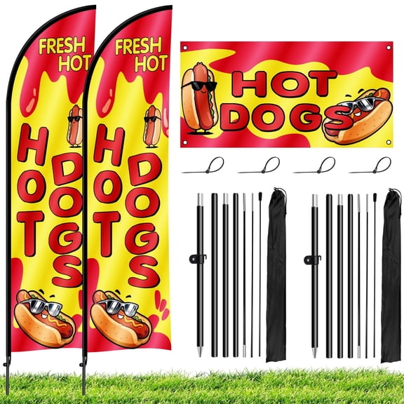 2 Sets Hot Dogs Feather Flag with Pole Kit, 8.2FT Advertising Swooper Flag Banner for Business Restaurant Advertising Banner for Outside