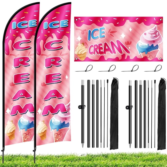 2 Sets Ice Cream Advertising Feather Flag with Pole Kit, 8.2FT Windless Swooper Flag Banner Sign for Store Business Outside