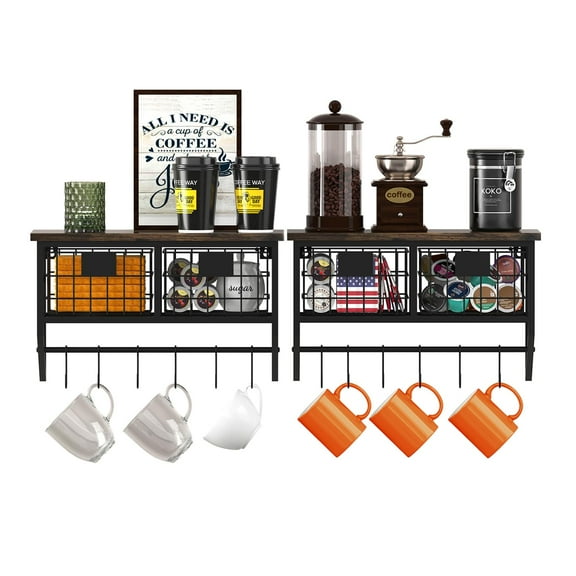 2 Sets Industrial Wall Mounted Shelf With Baskets And Hooks For Coffee Bar