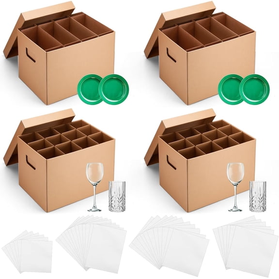 2 Sets Kitchen Moving Boxes with Divider Kits for Dish Glassware Wine Glass Packing Handle Included 15 x 12 10 Inch Cup and Plate Box, Corrugate Dividers, Foam Pouches