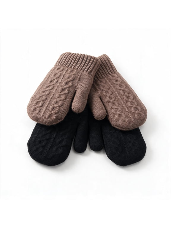 2 Sets Korean Style Double Fleece Lined Mitten Gloves, Windproof Thick Warm Knit Full Hand Mittens, 2 Color Combos Black-Coffee , Business Men Winter Outdoor Gloves