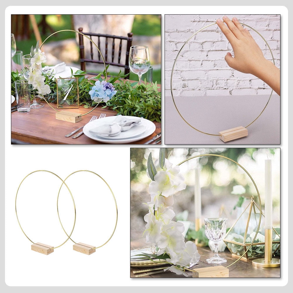 2 Sets Large Metal Floral Hoop Wreath with Wood Base Craft Hoop Rings ...