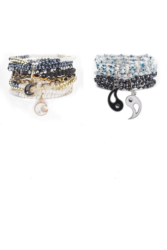 2 Sets Lava Rock Shell Beaded Multi-strand Bracelets Set Enamel Face Stretch Bracelets with Charms Stackable Bracelets for Women Inner Diameter: 5cm