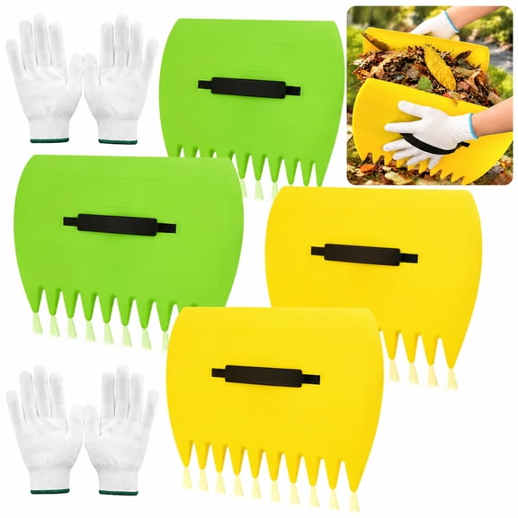 2 Sets Leaf Scoops and Hand Rake Claws with Gloves, Lightweight Plastic Leaf Grabber, Garden Claw Leaf Rake Set for Yard Debris and Grass Clippings, Outdoor Yard Tools (Yellow+Green)