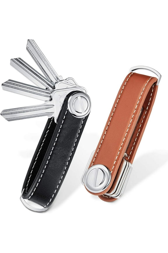 2 Sets Leather Key Organizer Compact Folding Pocket Key Holder up to 16 for Mens Father's Day Gift(Black, Brown)