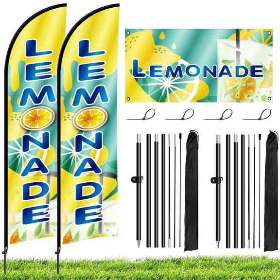 2 Sets Lemonade Feather Flag with Pole Kit, 8.2FT Lemonade Windless Swooper Flag for Outdoor Business Advertising