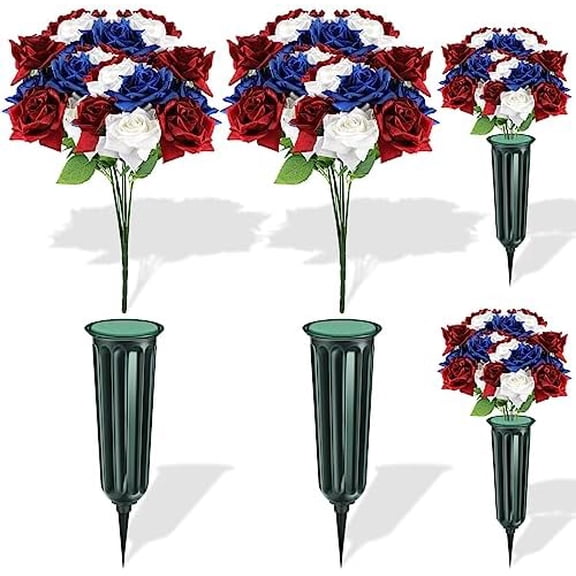 2 Sets Memorial Day Flowers for Cemetery Red White and Blue Artificial Flowers with Ground Stakes Patriotic 4th of July for Grave Veterans Cemetery Presidents' Day$$Home Decor, Kitchen, & Other