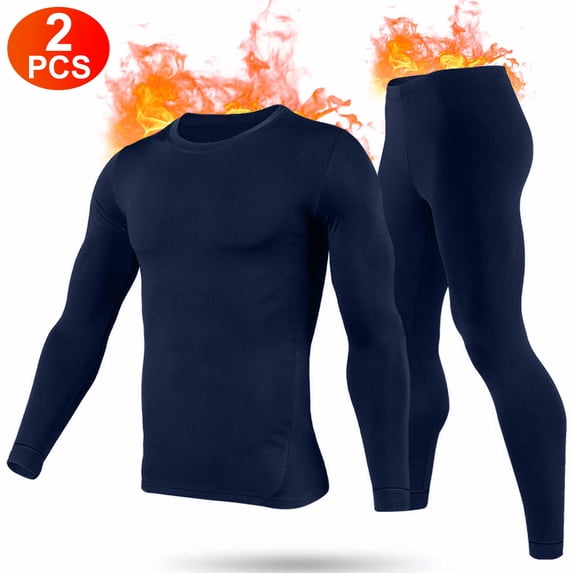 2 Sets Men Thermal Underwear Set TeqHome Cotton Long Johns Pants Long Sleeve Soft Underwear Kit Top and Bottom Winter Sports Suits Navy Blue 2XL