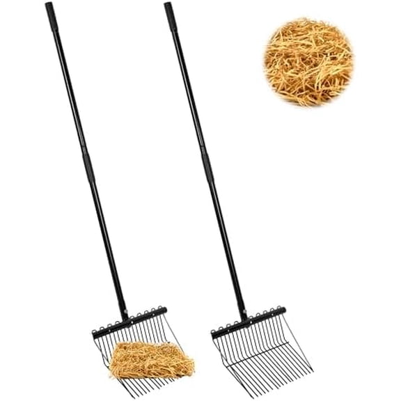 2 Sets Metal Manure Fork with Long Metal Handle, 18 Tines Manure Fork Head Horse Manure Rake, Heavy Duty Gardening Muck Rake for Picking Up Manure, Grass and Hay$$Garden & Patio