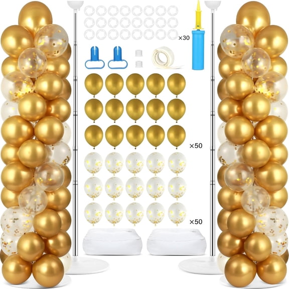 2 Sets Metallic Gold Balloon Column Stand Kit with 100 Balloons Adjustable Balloon Tower Stand with Bases for Floor Gold Confetti Balloons Column Kit for Shower Birthday Wedding Back to School Party