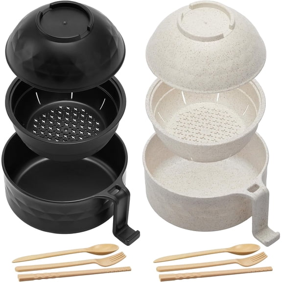 2 Sets of Microwave Ramen Bowls, Portable Wheat Fiber Ramen Cooker with Featuring Integrated Handles Strainer Spoon Chopsticks Fork, Ideal Cookware for College Dorms Apartments, 40 oz,Black & Beige