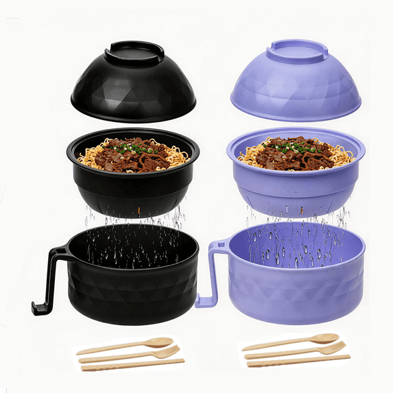 2 Sets of Microwave Ramen Bowls, Portable Wheat Fiber Ramen Cooker with Featuring Integrated Handles Strainer Spoon Chopsticks Fork, Ideal Cookware for College Dorms Apartments, 40 oz,Black & Purple