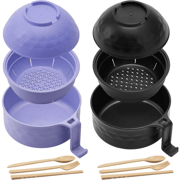 2 Sets of Microwave Ramen Bowls, Portable Wheat Fiber Ramen Cooker with Featuring Integrated Handles Strainer Spoon Chopsticks Fork, Ideal Cookware for College Dorms Apartments, 40 oz,Black & Purple