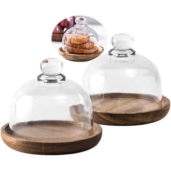 2 Sets Mini Cake Stand,Cake Plate Server Platter with Dome,4" Wood Cake Stand with 3.25" Glass Dome Cover,Cupcake Display Plate with Lid,Cake Holder with Base,Dessert Stand