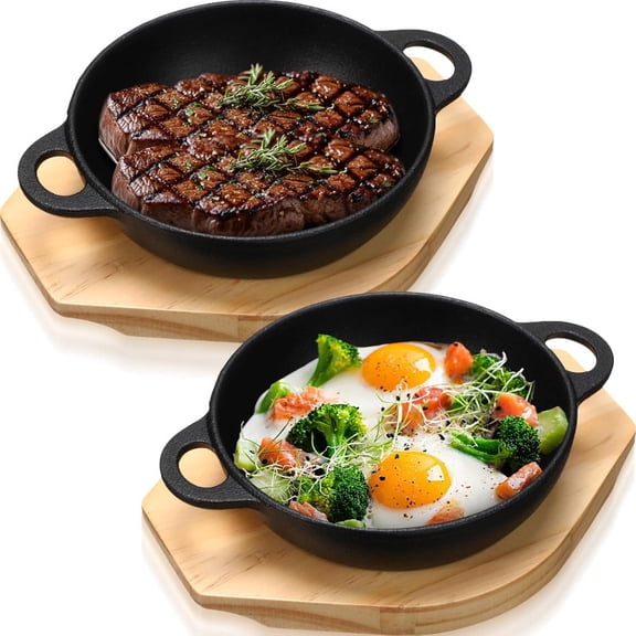 2 Sets Mini Cast Iron Skillet with Wooden Base Small Cast Iron Plates Round Fajita Plate Hot Steak Pot Dish for Baking Cooking 7.5 Inch, Baking Dish, Fajita Skillet, Rustic Cookware, Compact Design