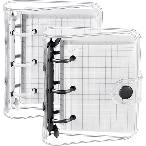 2 Sets Mini Transparent 3 Ring Binder Covers with Mini Binder Inner Paper Pockets Clear Soft PVC Notebook Closure Loose Leaf Folder Round Ring Binder Cover Protector with Snap Button (White, Black)
