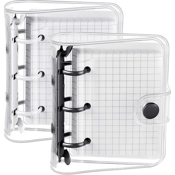 2 Sets Mini Transparent 3 Ring Binder Covers with Mini Binder Inner Paper Pockets Clear Soft PVC Notebook Closure Loose Leaf Folder Round Ring Binder Cover Protector with Snap Button (White, Black)