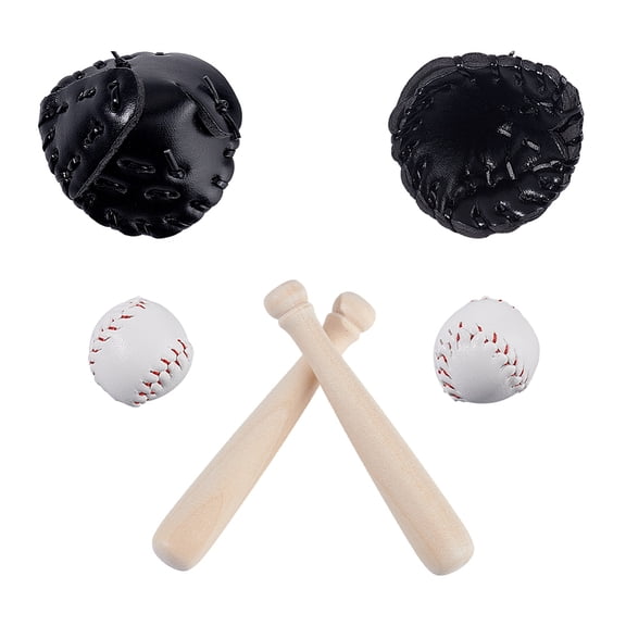 2 Sets Miniature Baseball Bat Glove and Ball Kit Wooden and PU Leather Baseball Cake Topper Sport Themed Cake Decorations