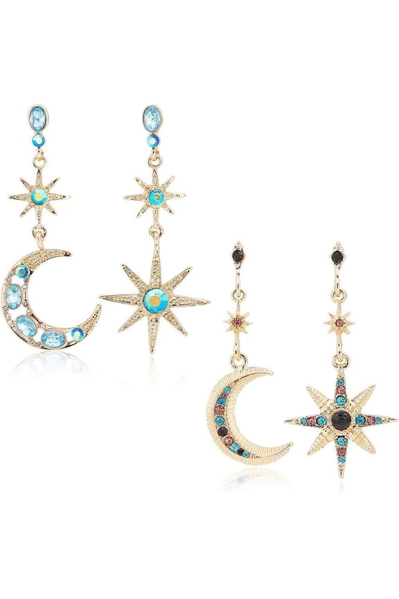 2 Sets Moon and Star Drop Stud Earrings Moissanite Moon Star Drop Earrings Celestial and Crescent Earrings Colorful Rhinestone Dangling Earrings Jewelry Gift