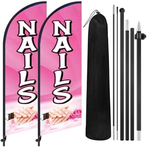 2 Sets Nails Salon Feather Flag Sign 7FT Nails Flags for Business Pole Kit Salon Grand Opening Signs with Stand Kit Vibrant Pink for Spa, Beauty Parlor$$Other