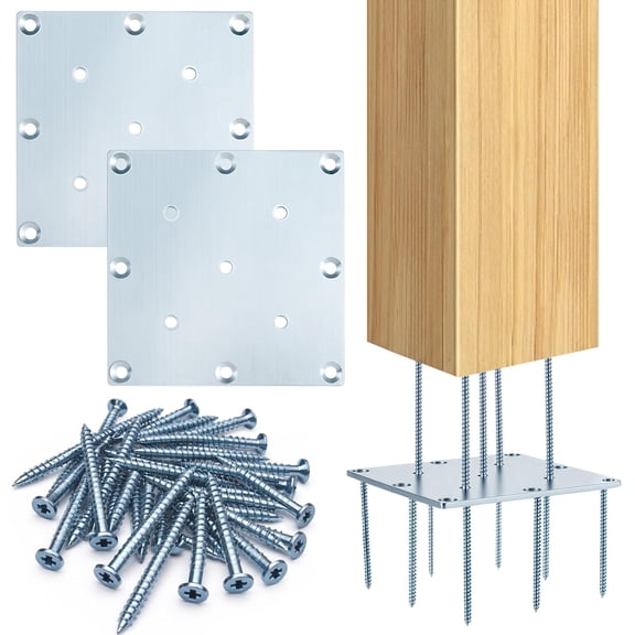 2 Sets Newel Post Fastener, Each Newel Post Mounting Kit Includes 1 Steel Plate and 13 Long Screws, Hidden Designed for Installing 3-3.5 Inch Wooden Stair Posts