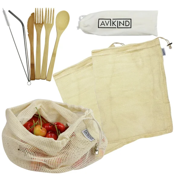 2 Sets Of Reusable Wooden Bamboo Travel Utensils Set With 3 Cotton Reusable Mesh