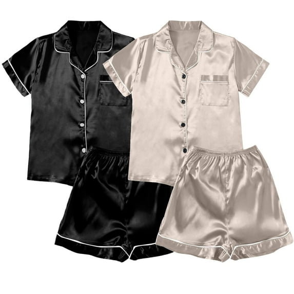 2 Sets/Pack Silk Satin Pajamas For Women Short Sleeve Notch Collar Top And Long Pants Home Wear Loungewear Sleepwear