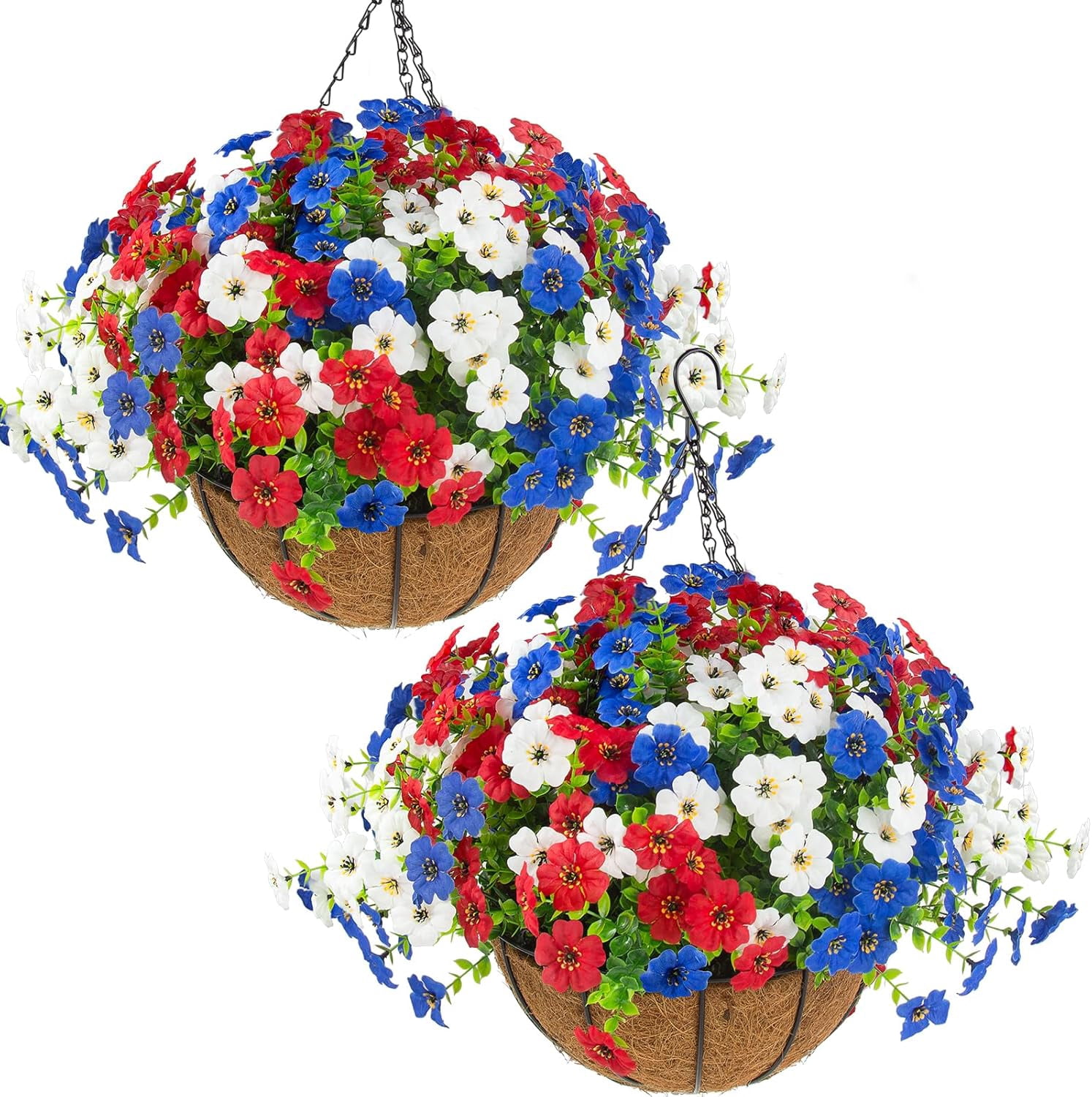 2 Sets Patriotic Artificial Hanging Flowers with Baskets, Red White Blue 4th of July Artificial Flowers, Outdoor Hanging Planter Decor for Front Porch, Patio, Garden Summer Holiday Decoration