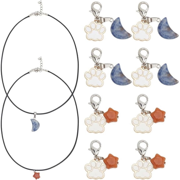 2 Sets Paw Print Necklace Dog Paw Pet Necklace Personalized Star Moon Gemstone Pet Pendant 2 Styles Waxed Cotton Rope Pet Memorial Necklace for Dog Lovers Pet Decorations Colorful