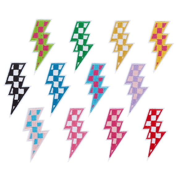 2 Sets Polyester Iron on/Sew On Patches Hot Melt Adhesive Cloth Appliques Tartan Lightning Bolt Mixed Color 82x39x2mm 12pcs/set