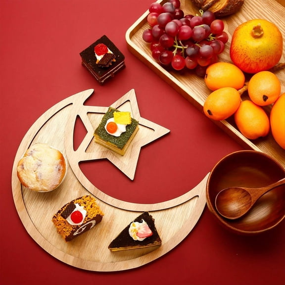 2 Sets Ramadan Wood Tray Moon Wooden Star Tableware Eid Mubarak Party Serving Tableware for Breakfast,B