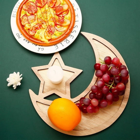 2 Sets Ramadan Wood Tray Moon Wooden Star Tableware Eid Mubarak Serving Tableware for Breakfast,B