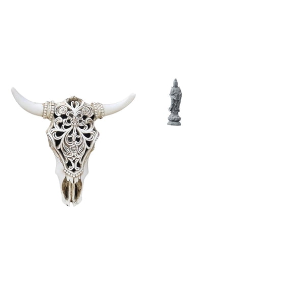 2 Sets Resin Cow Head Wall Decor Skull Wall Sculpture Guan Yin Statue Modern Pattern Design for Bedroom Bookshelf
