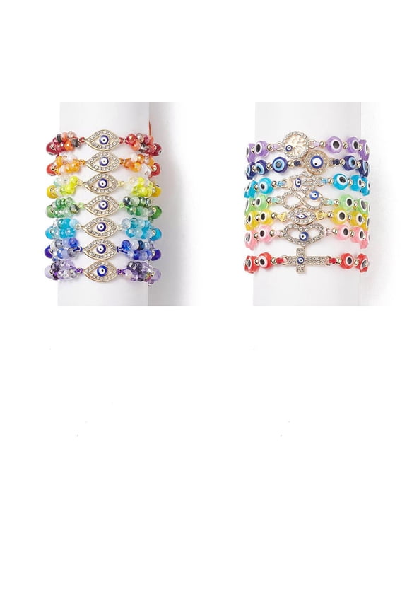 2 Sets Resin/Lampwork Bead Bracelets Set Rhinestone Tree Hamsa Hand Infinity Link Stackable Bracelets for Women Mixed Color Inner Diameter: 4.4~9.8cm