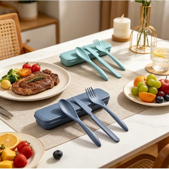 2 Sets Reusable Utensil Set with Case, Portable Camping Fork Knife Spoon Set, Wheat Straw Travel Utensils for Lunch Box, for School, Work, Lunch or Daily Use (Green, Blue))