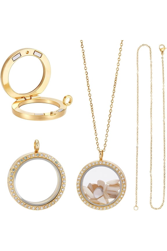 2 Sets Rhinestone Photo Charms Stainless Steel Memory Locket Charms Flat Round DIY Photo Necklace Making Kit Photo Frame