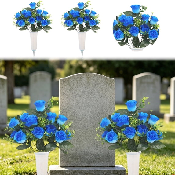 2 Sets Rose Cemetery Flowers with Vase for Grave, Artificial White Calla Lilies & Velvet Roses, Outdoor Memorial Flowers for Headstones, Graveyard Decoration