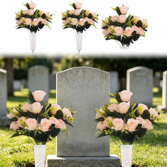 2 Sets Rose Cemetery Flowers with Vase for Grave, Artificial White Calla Lilies & Velvet Roses, Outdoor Memorial Flowers for Headstones, Graveyard Decoration