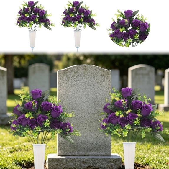 2 Sets Rose Cemetery Flowers with Vase for Grave, Artificial White Calla Lilies & Velvet Roses, Outdoor Memorial Flowers for Headstones, Graveyard Decoration