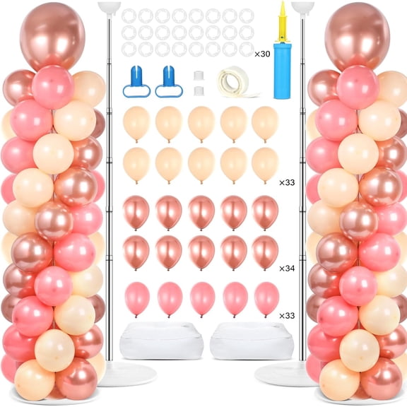 2 Sets Rose Gold Balloon Column Stand Kit with 100 Balloons Adjustable Balloon Tower Stand with Bases for Floor Balloons Column Kit for Wedding Graduation Birthday Appreciation Party Decor