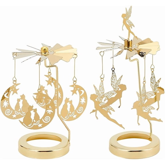 2 Sets Rotary Candle Holder 2 Styles (Moon Cat/Magic Fairy) Stainless Steel Spinning Candle Carousel Golden Rotating Tealight Candle Holders for Wedding Romantic Party Table Decor Gifts DIY Golden