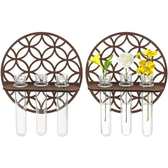 2 Sets Round Plant Propagation Stations Round Wall Hanging Terrarium Planter with 6 Glass Tube Wall Plant Holder for Propagate Hydroponics Air Plants Wall Plants Dried Flower Home Decor