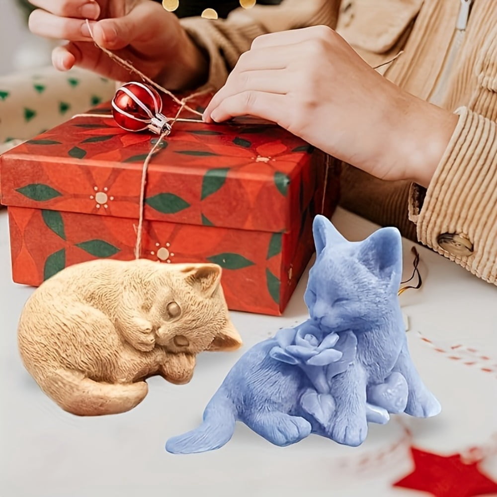 2 Sets of Silicone Cat Molds, 3D Sitting Rose Cat Mold, Side-lying Sleeping Cat Silicone Candle Mold, Cat Resin Candle Mold, Cute Animal Epoxy Resin Casting Plaster Mold, DIY Craft Gift Set
